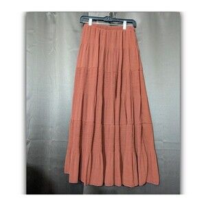 Nashalyly Tiered Crinkle Chiffon Maxi Burnt Orange/Brown Skirt Medium Boho Flowy